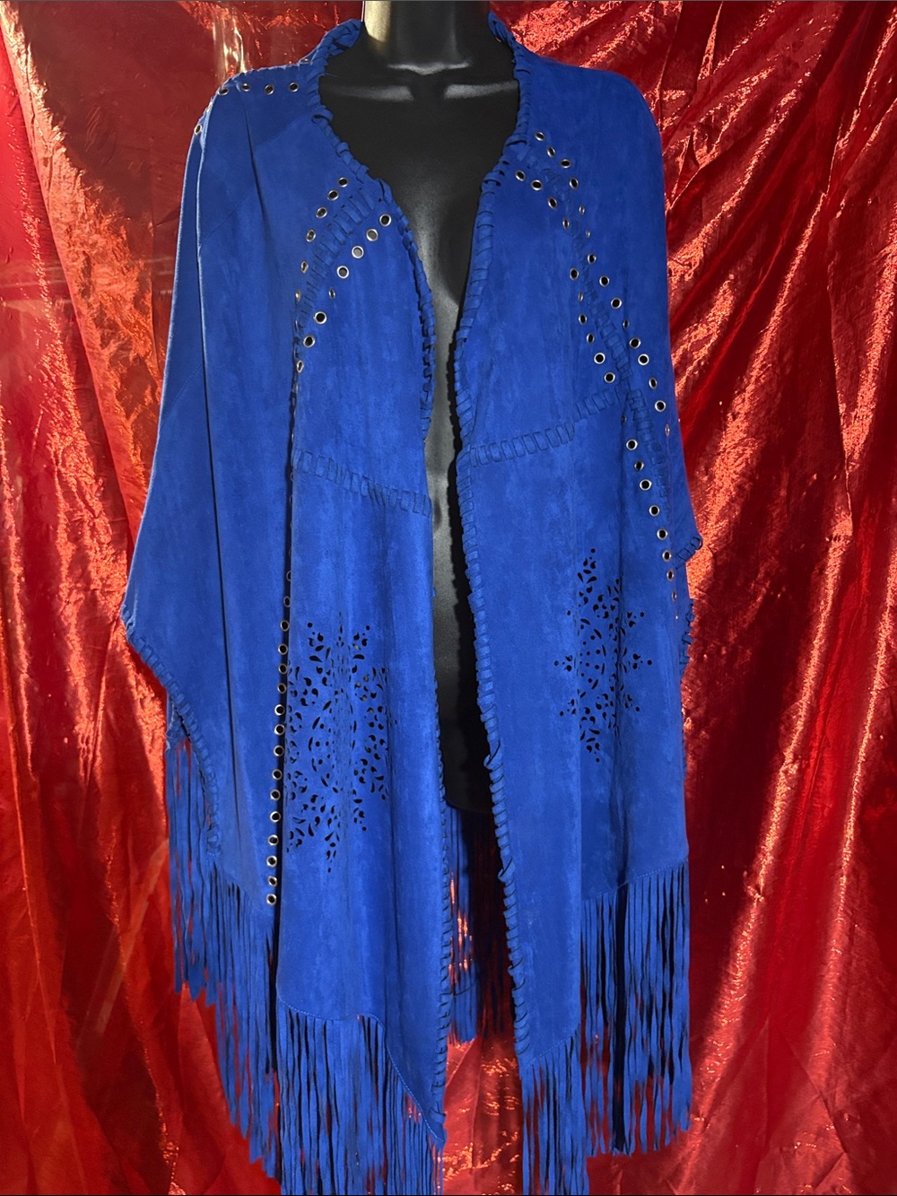 Blue Faux Suede Fringe Open-Front Women’s Shawl